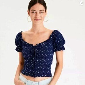 NWT American Eagle Lace-Up Crop Top, Navy Blue with White Polka Dots - Size L